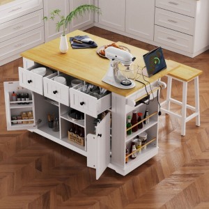 53" Kitchen Island & 2 Bar Stools, w/ Power Outlet, Storage, 5-Wheel Cart, Drop Leaf, Side Racks, 3 Drawers - 1 of 3