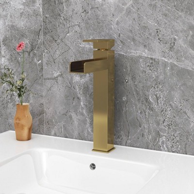 Munora Brushed Gold Single Handle Waterfall Bathroom Vessel Sink Faucet, Solid Brass Modern Design
