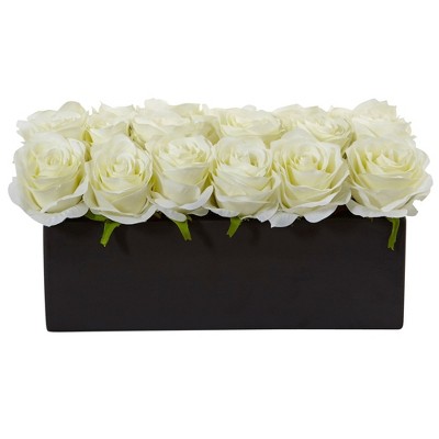 Nearly Natural 6-in Dozen Silk Roses in Ceramic Rectangular Planter