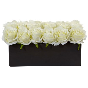 Nearly Natural 6-in Dozen Silk Roses in Ceramic Rectangular Planter - 1 of 4