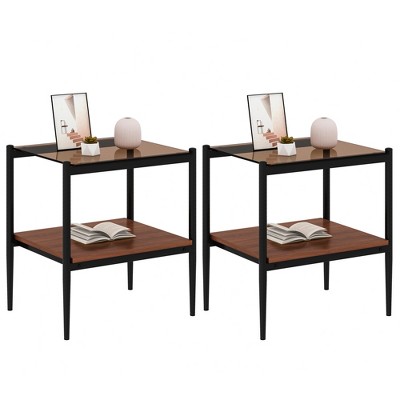 LOVMOR 2-Tier Tempered Glass End Table Set of 2, Rectangle Coffee Tabletop with MDF Layer, Modern Side Table for Living Room