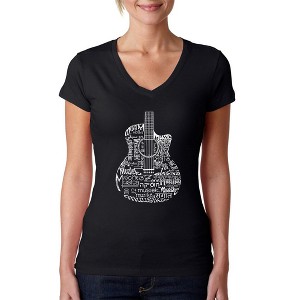 LA Pop Art Women's Word Art V-Neck T-Shirt - Languages Guitar - 1 of 4