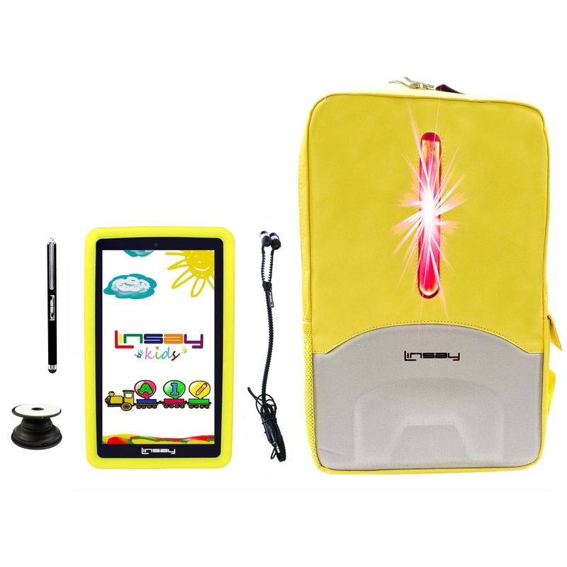 LINSAY 7" 2GB RAM 64GB STORAGE New Android 13 Tablet with Yellow Kids Defender Case, Earphones and LED Backpack Yellow, 1 of 3