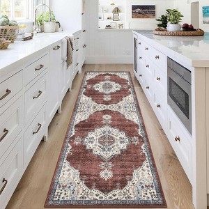 Runner Rugs 2x6 Washable Non-Slip - Vintage Hallway Rug Low Pile Distressed Carpet, Ultra Thin Retro Medallion Rug - 1 of 4