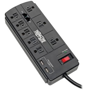 Tripp Lite Protect It!® 1,200-Joules Surge Protector, 8 Outlets plus 2 USB Ports, 8-Ft. Cord, with Telephone/Modem Protection, TLP88TUSBB in Black - 1 of 4