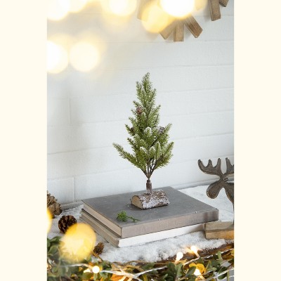YOOCOZZ  Christmas Decoration  Accessories 2 Set  -  13.5" Delightful Christmas PVC Tree On Wood Base With Snow, Interesting Household Decor Display