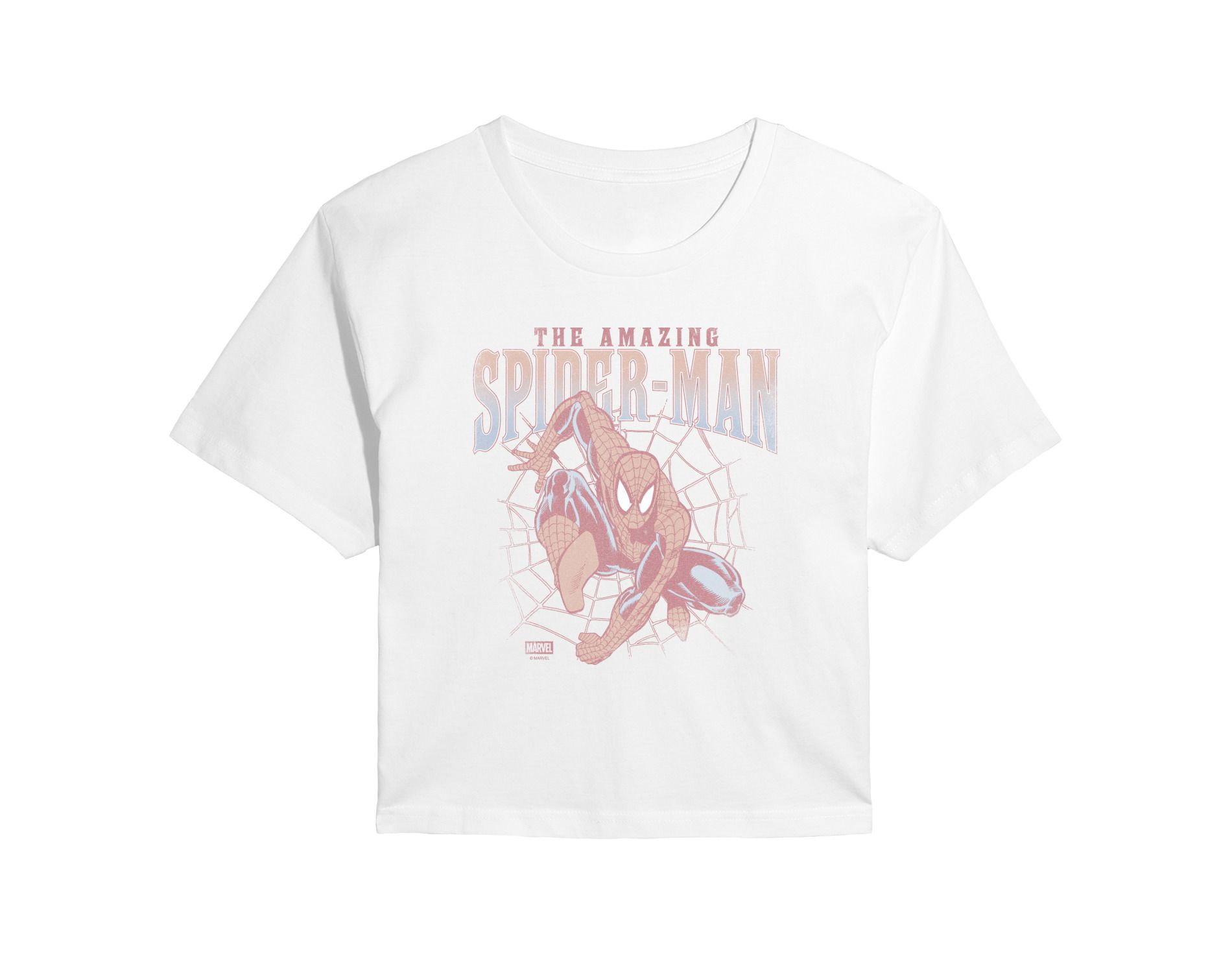 Women's Marvel Amazing Spiderman Webs Cropped Graphic T-Shirt - White - Small