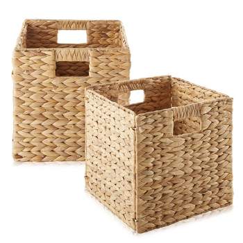 Casafield 10.5" x 10.5" Water Hyacinth Storage Baskets - Set of 2 Collapsible Cubes, Woven Bin Organizers for Bathroom, Bedroom, Laundry, Pantry