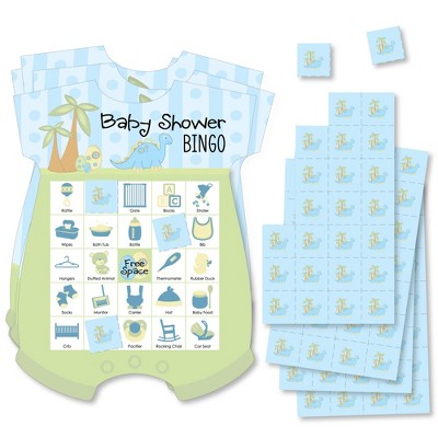 Big Dot of Happiness Baby Boy Dinosaur - Picture Bingo Cards and Markers - Baby Shower Shaped Bingo Game - Set of 18