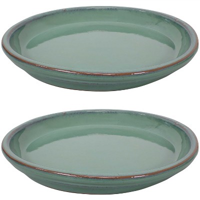 Sunnydaze Outdoor/Indoor High-Fired Glazed UV- and Frost-Resistant Ceramic Flower Pot Planter Saucer - 12" Diameter - Seafoam - 2-Pack