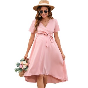 WhizMax Maternity Dress Cross V Neck Wrap Dress Lantern Short Sleeve Tie High Waist Dress A-Line Flowy Dress with Belt - 1 of 4