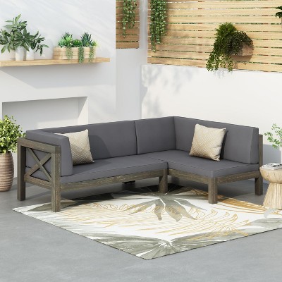 Suki 2-Piece Acacia Wood Gray Sofa with Cushions, Patio Sectional Sofa Conversation Set, Outdoor Furniture - Maison Boucle