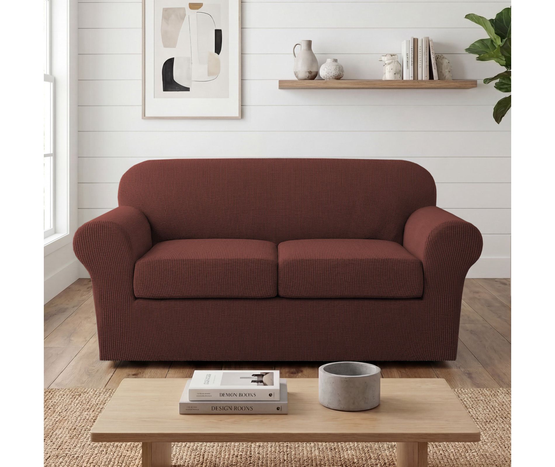 H.Versailtex Stretch Thicker Jacquard Fabric Sofa Slipcover Burnt Brick Medium