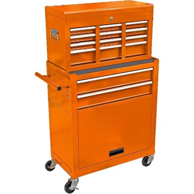 8-Drawer Rolling Tool Cabinet - Orange, High-Capacity Wheels, for Workshop/Warehouse