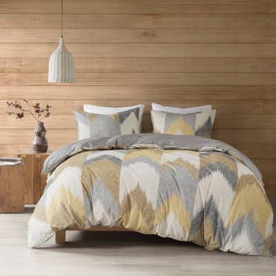Yellow and Taupe Ikat Cotton King/Cal King Duvet Cover Set