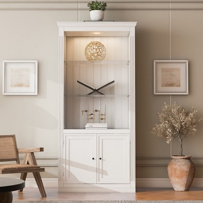 Mid-Century 4-Tier Display Bookcases with 5-Colors Dimmable Ceiling Light Farmhouse Bookcases with Storage & Doors for Home & Office-Tanpinhause