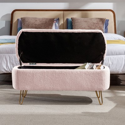 Vynxaria Grey Storage Ottoman Bench - Gold Legs, Faux Fur Upholstered Padded, for End of Bed/Entryway/Living Room/Bedroom