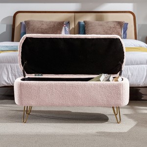 Vynxaria Grey Storage Ottoman Bench - Gold Legs, Faux Fur Upholstered Padded, for End of Bed/Entryway/Living Room/Bedroom - 1 of 4