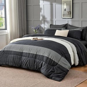 7-Piece Queen Bed-in-a-Bag - Black/White/Grey Striped Microfiber Comforter Set with Sheets & Shams, All-Season Lightweight & Soft - 1 of 4