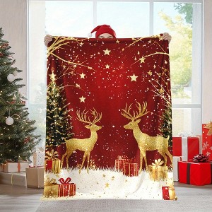 Lomsoe Golden Christmas Deer & Tree Print Flannel Blanket - All Seasons Soft and Warm Perfect for Living Room Decor, Sofa, Bed, Travel - 1 of 4