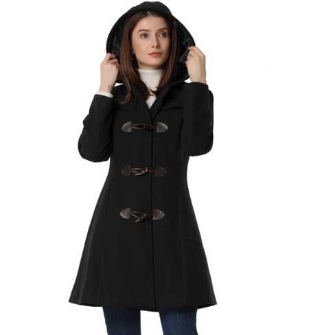 Allegra K Women s Hooded Toggle Button Long Sleeve Winter Duffle Coats Black X Small