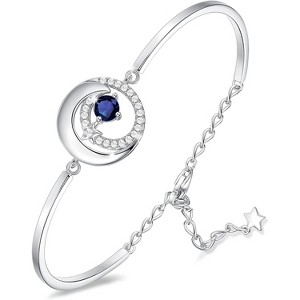 Moon & Star Birthstone Bangle, Sterling Silver Adjustable Charm Bracelet, Birthday Anniversary Christmas Gift for Women - 1 of 4