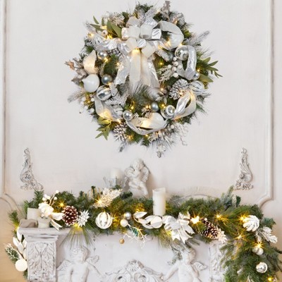 24" Christmas Wreath for Front Door, Prelit Christmas Wreath with Lights, Red Gold Ball Ornaments, Pine Cones & Bow