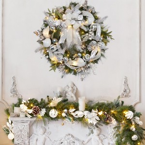 24" Christmas Wreath for Front Door, Prelit Christmas Wreath with Lights, Red Gold Ball Ornaments, Pine Cones & Bow - 1 of 4