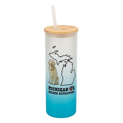 Elanze Designs The Wolverine State Michigan Loves Golden Retrievers Sky Blue and White Ombre Frosted Glass Travel Tumbler with Straw and Wooden Lid,
