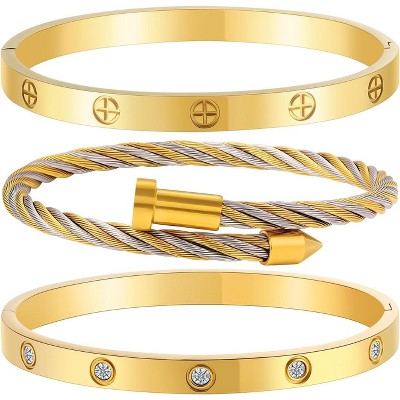 Gold Stackable Bracelets for Women - 3 Piece Stainless Steel Bangles with Love & Friendship Theme, Crystal Accents