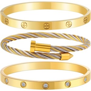 Gold Stackable Bracelets for Women - 3 Piece Stainless Steel Bangles with Love & Friendship Theme, Crystal Accents - 1 of 4