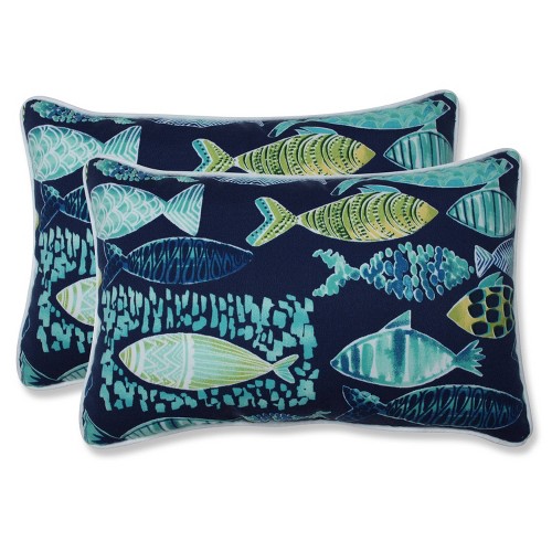 2pk Hooked Lagoon Rectangular Throw Pillows Blue - Pillow Perfect