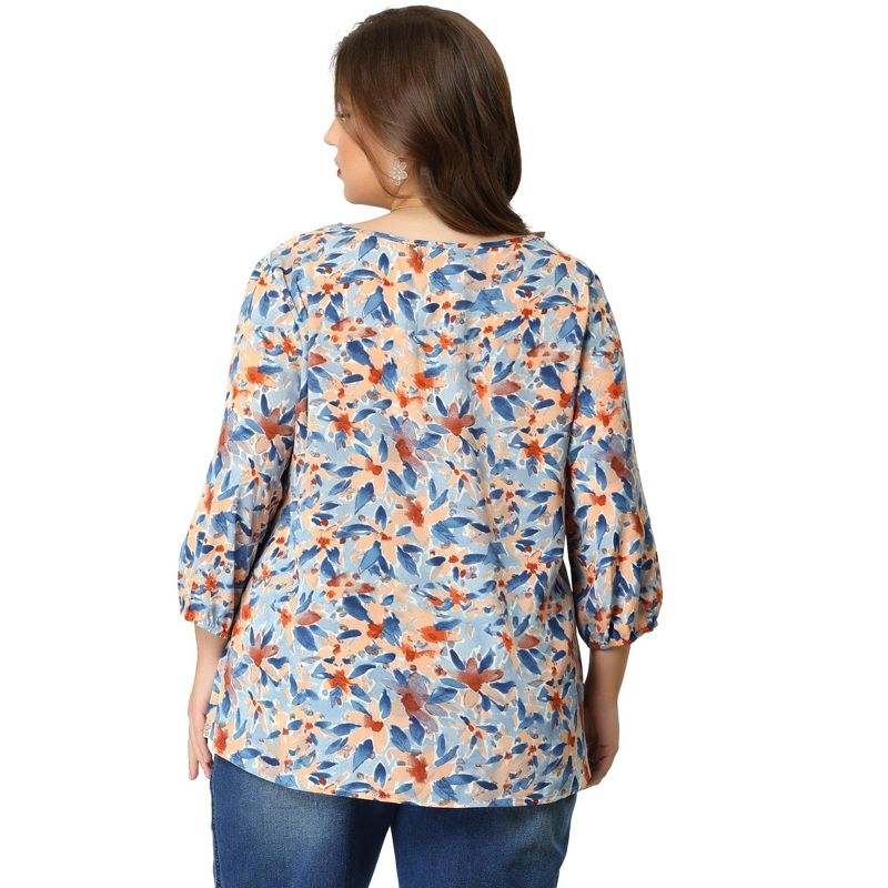Agnes Orinda Women's Plus Size Floral Printed Lace Panel Self Tie Neck 3/4 Sleeves Summer Tops, 5 of 7