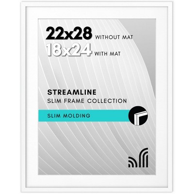Americanflat 22x28 Poster Frame with Polished Plexiglass - Use as 18x24 Frame with Mat or 22x28 Frame Without Mat - Streamline Collection - White