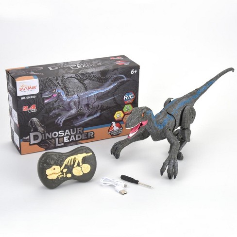 JuzToys Remote Control Dinosaur Toy Velociraptor RC Dino Toy with 3D Eye LED Light Roaring Shaking Head Gray