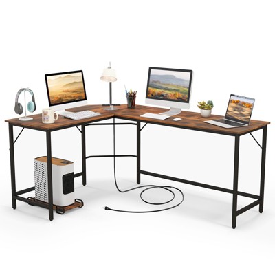 Tangkula L-Shaped Desk with Power Outlet 66” Computer Corner Desk with CPU Stand & Heavy-duty Metal Frame Rustic Brown/Black