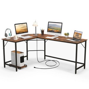 Tangkula L-Shaped Desk with Power Outlet 66” Computer Corner Desk with CPU Stand & Heavy-duty Metal Frame Rustic Brown/Black - 1 of 4