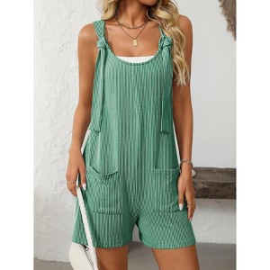 Womens Summer Casual Short Romper Scoop Neck Sleeveless Striped Overalls Shorts Jumpsuit with Pockets - 1 of 4