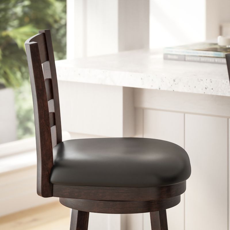 Merrick Lane 30" Classic Wooden Ladderback Swivel Bar Height Stool with Upholstered Padded Seat and Integrated Footrest, 6 of 13
