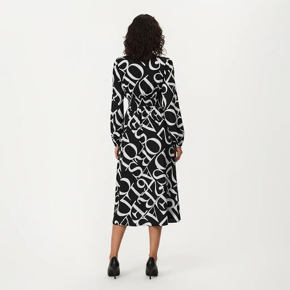 Anna-Kaci Women's Black and White Abstract Logo Print Long Sleeve Wrap Dress with Belt and Asymmetrical Hem - thumbnail 3