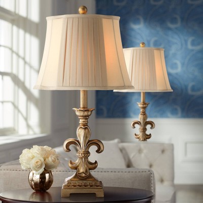 Louis Traditional Antique Gold Fleur-de-Lis Table Lamps with Beige Fabric Shades
