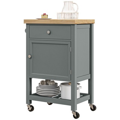 Gray Wood Rolling Kitchen Cart with Butcher Block Top and Storage