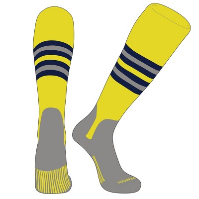 PEAR SOX OTC Baseball Softball Stirrup Socks (F, 5in) Brt Yellow, Navy, Silver, SV (XS)