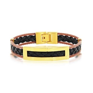 Metallo Mens Stainless Steel Leather Cable Bracelet - Gold & Copper Plating - Rose - 1 of 4