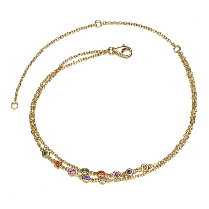 Guili Sterling Silver 14k Gold Plated Champagne, Amethyst, Ruby, Orange & Peridot Double Layer Rolo Chain Anklet, With an Adjustable Length., 1 of 3
