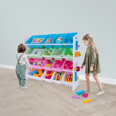 UNiPLAY Toy Organizer With 16 Removable Storage Bins and Block Play Panel, Multi-Size Bin Organizer (Pink)