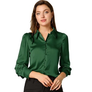 INSPIRE CHIC Women's Puff Long Sleeve Point Collar Vintage Button Work Satin Shirt - 1 of 4