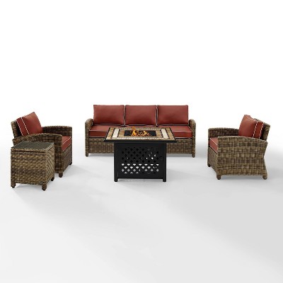Bradenton 5pc Outdoor Wicker Sofa Seating Set with Fire Table - Sangria - Crosley