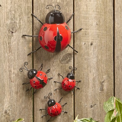 Lakeside Metal Ladybug Garden Decorations with Red and Black Spots - Set of 4