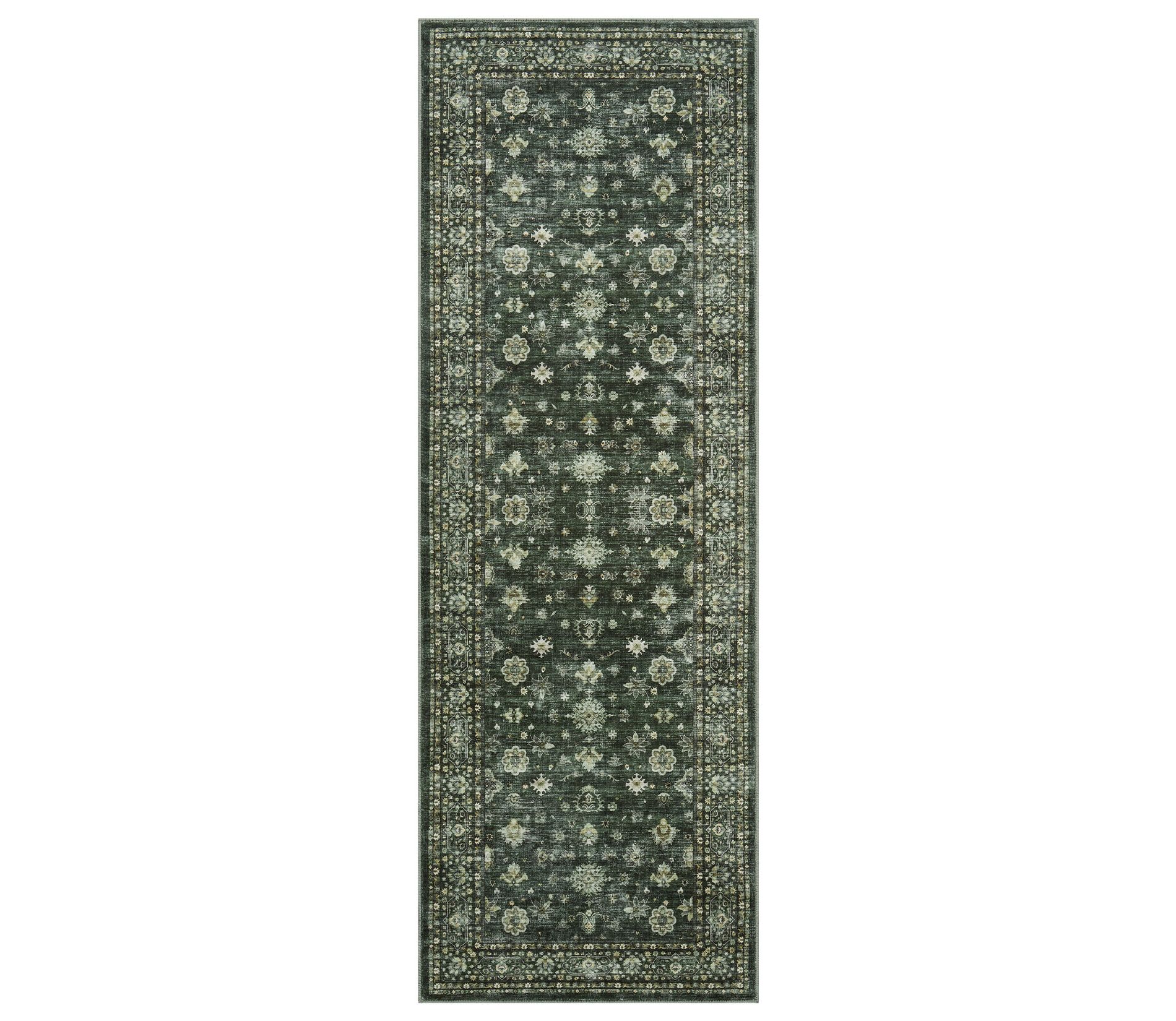 Area Rug 2'x6' Indoor Vintage Living Room Carpet Washable Distressed Rug Green Floral Bedroom Rug Retro Accent Throw Rug Office Dining Room Nursery